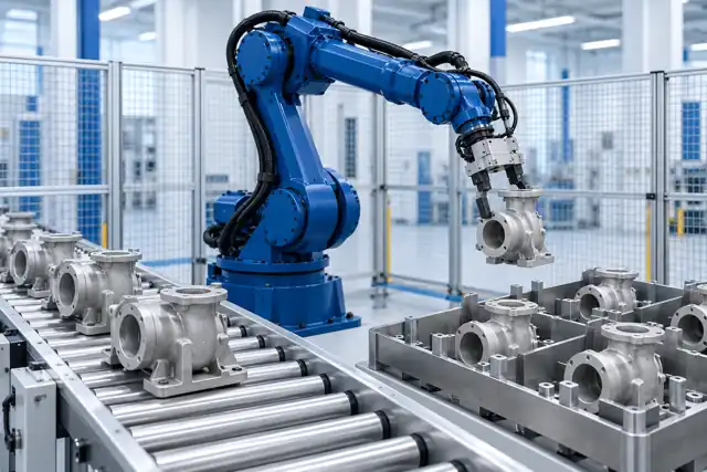 Concept illustration of a blue industrial robot handling finished castings between a conveyor and parts tray